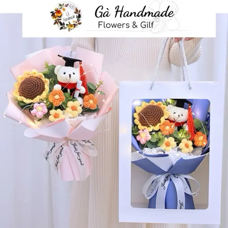Bó hoa len handmade mix gấu tốt nghiệp làm quà tặng người thân bạn bè nhân dịp kỉ yếu, ra trường, nhận bằng.