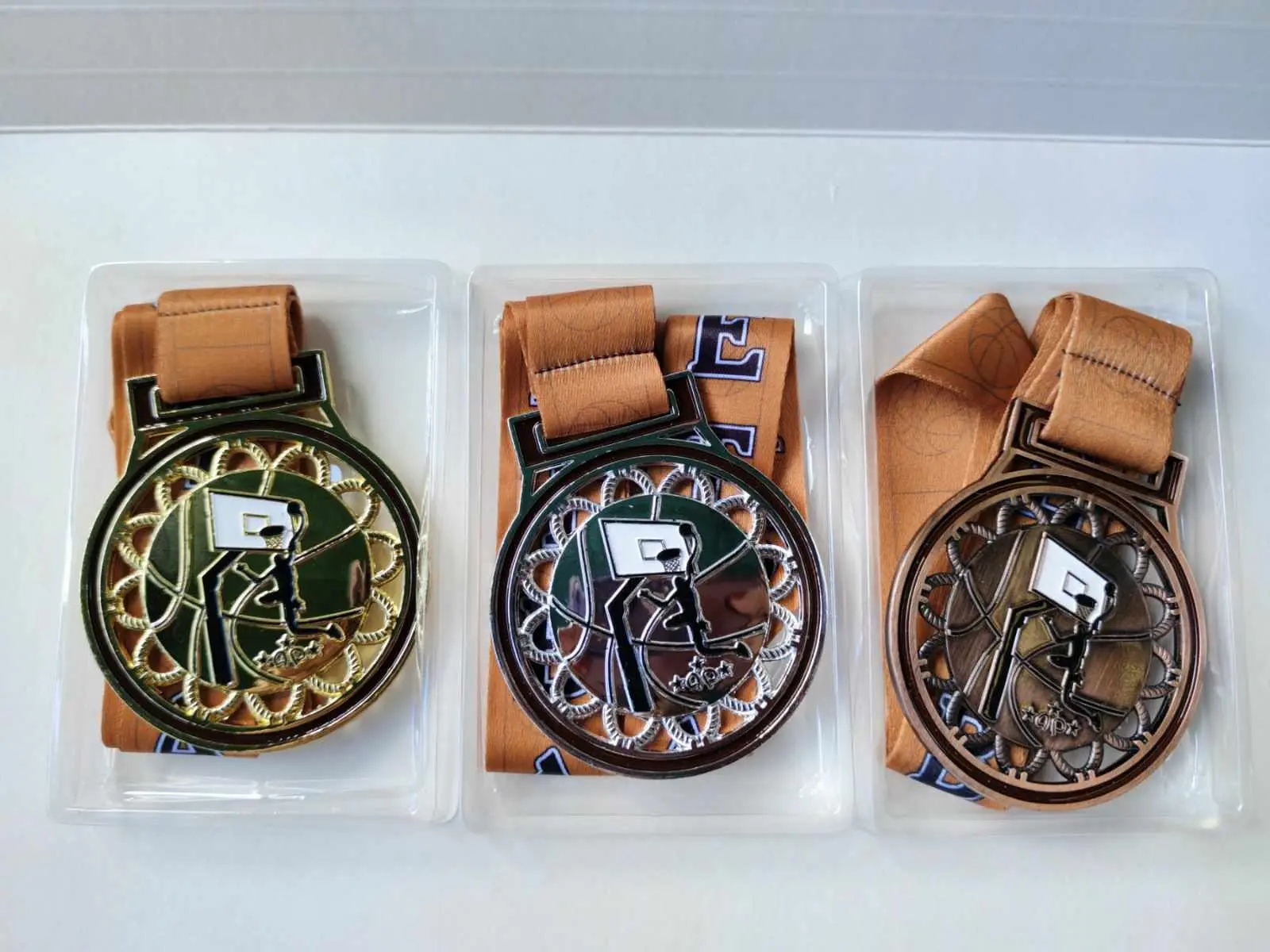 Basketball medals 6cm diameter GOALPOST design in gold silver and bronze