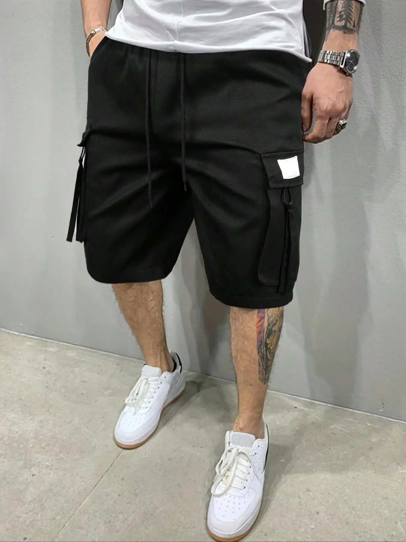 Men's Solid Color Drawstring Waist Cargo Shorts, Loose Casual Comfy Breathable Flap Pocket & Slant Pocket Design Shorts for Summer, Men's Bottoms for Daily Wear