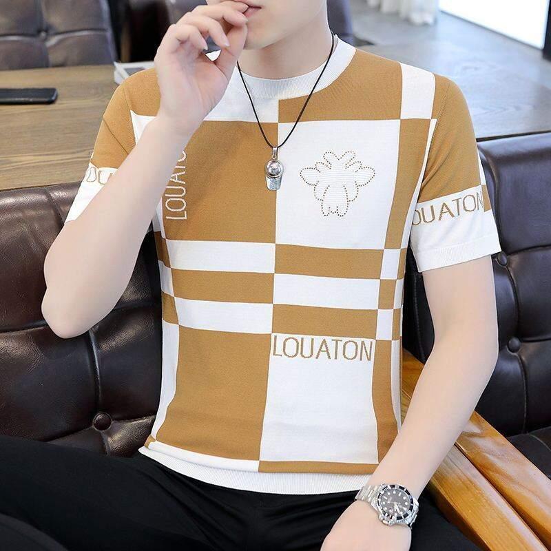 Product Introduction of High-End Ice Silk Short Sleeve T-Shirt Men's Slim Fit round Neck Youthful Summer Casual Shirt Thin Fabric Collision Color 4