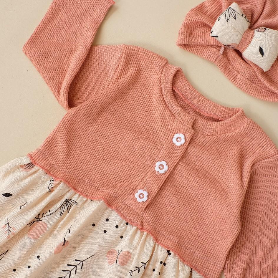 Dress bayi Mikhayla bahan rib rayon lengan panjang bonus turban 0-12 bulan