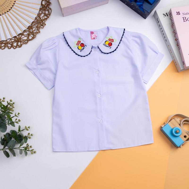 Áo sơ mi trắng cổ sen tay phồng viền họa tiết nữ học sinh đồng phục học sinh bé gái cấp 1, tiểu học
