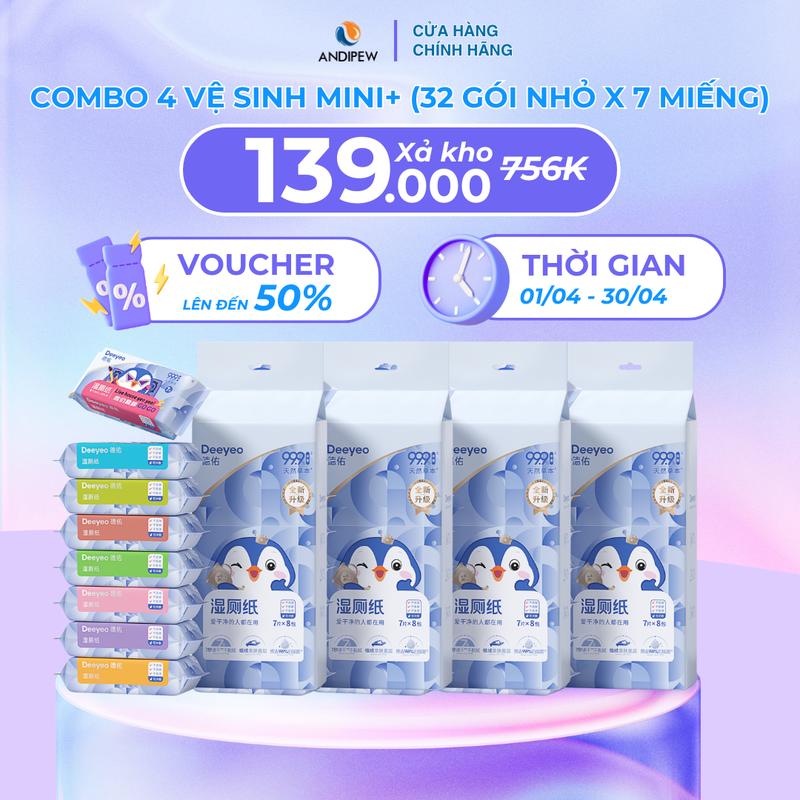 [XẢ KHO - DATE T12/2025 - BẢN ĐẶC BIỆT] DEEYEO Combo 4 Túi Giấy Vệ Sinh Ướt Tự Tan Trong Nước Mini (32 gói nhỏ x 7 miếng)