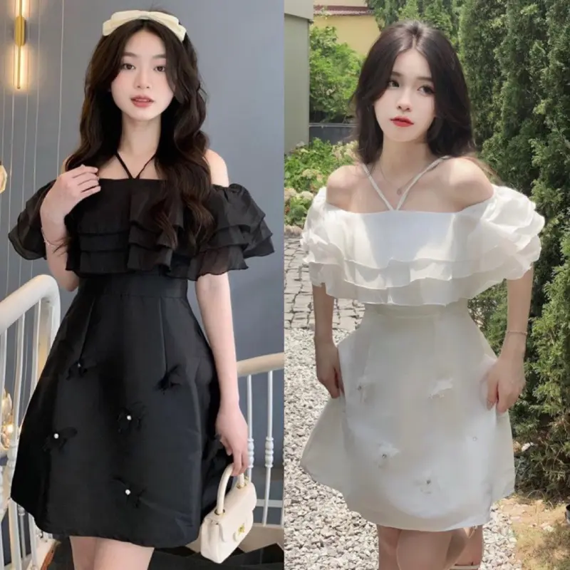 Váy Trễ Vai Bèo 3 Tầng Dây Chéo Cổ Chất Tafta đính Ngọc Hồ điệp Trắng đen, Đầm Dự Tiệc Dáng Xoè Chữ A Tiểu Thư Hàn Quốc, CACA SHOP