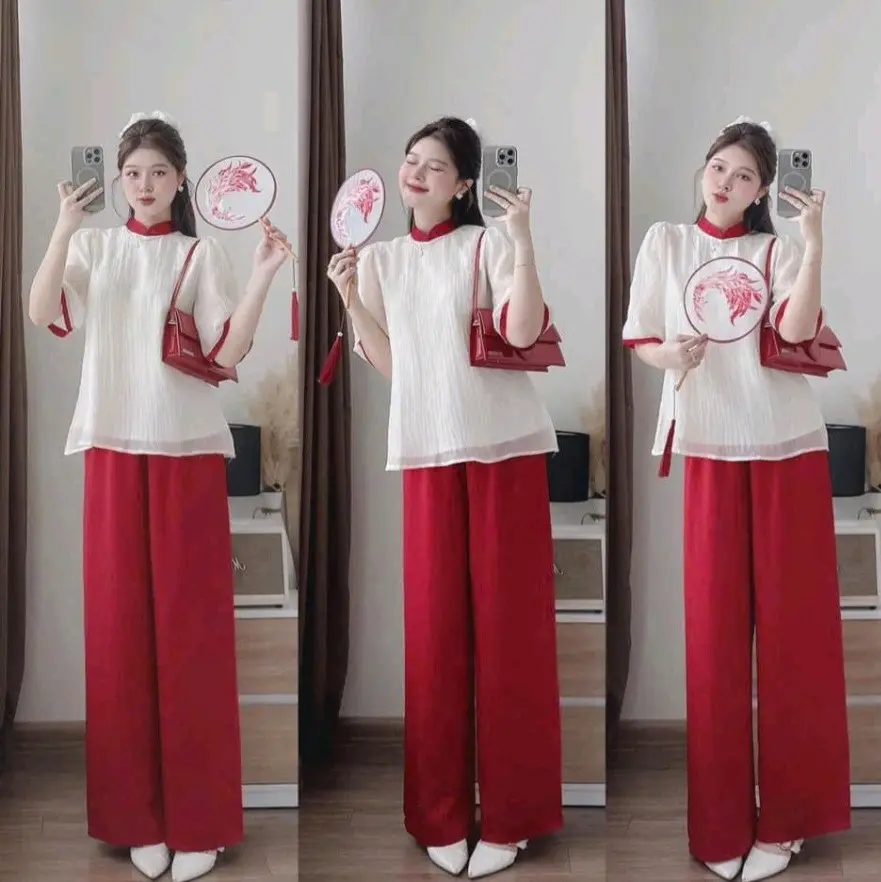 set bộ cách tân đi chùa, lễ tết, dạo phố 43-65kg Nữ Women Áo Top Dress