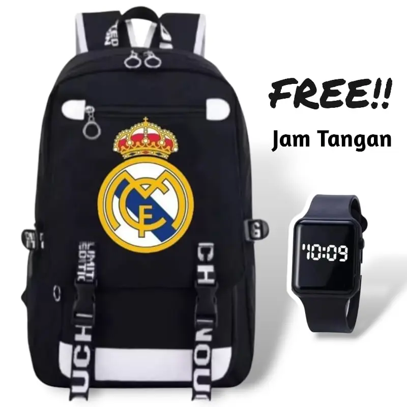 TAS RANSEL SEKOLAH ANAK LAKI LAKI PEREMPUAN REAL MADRID TAS ANAK SEKOLAH PAUD TK SD FASHION TAS ANAK LAKI LAKI FREE JAM LED MY BOTTLE BANYAK BONUSNYA
