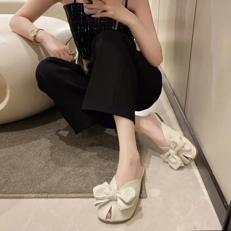 Dép Nửa Ngón Bít Mũi Thắt Nơ Thời Trang, Dành Cho Nữ, Có Thể Đeo Ngoài Trời, Dép Đế Bệt Mềm, Dễ Phối Đồ Phong Cách Hàn Quốc Mới Mùa Hè 2024 7