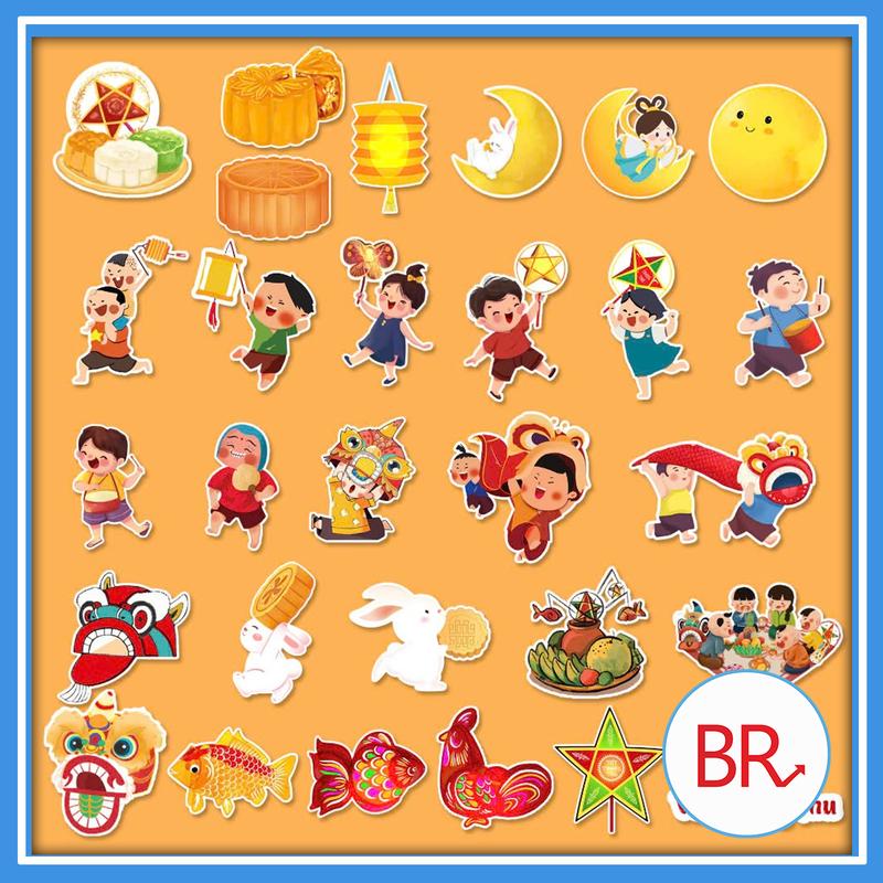 SET 30 Tag treo trang trí Trung Thu - Sticker hình dán chủ đề Tết trung thu, trang trí mâm cỗ trung thu, đèn lồng, mẹt tre, giỏ quà trung thu, quạt giấy đỏ, liễn treo cành đào đông 02297