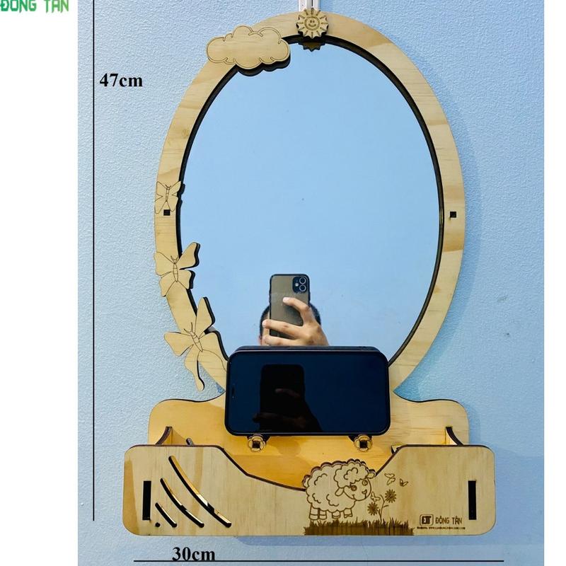 O- (Size Trung) Gương Nhà Tắm, Gương Treo Tường Bằng Gỗ Cao Cấp ĐÔNG TĐựng ÂN Hình Elip Độc Đáo, Có Kệ Bàn Chải, Điện Thoại Decor Decor Phòng