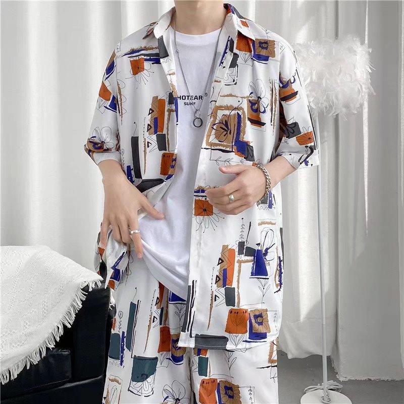 Short-sleepted men's fashion summer ice silk Free Shipping Hong kong-style Ruan Home wear half-pajama shirt loose floral shirt coat suit 7