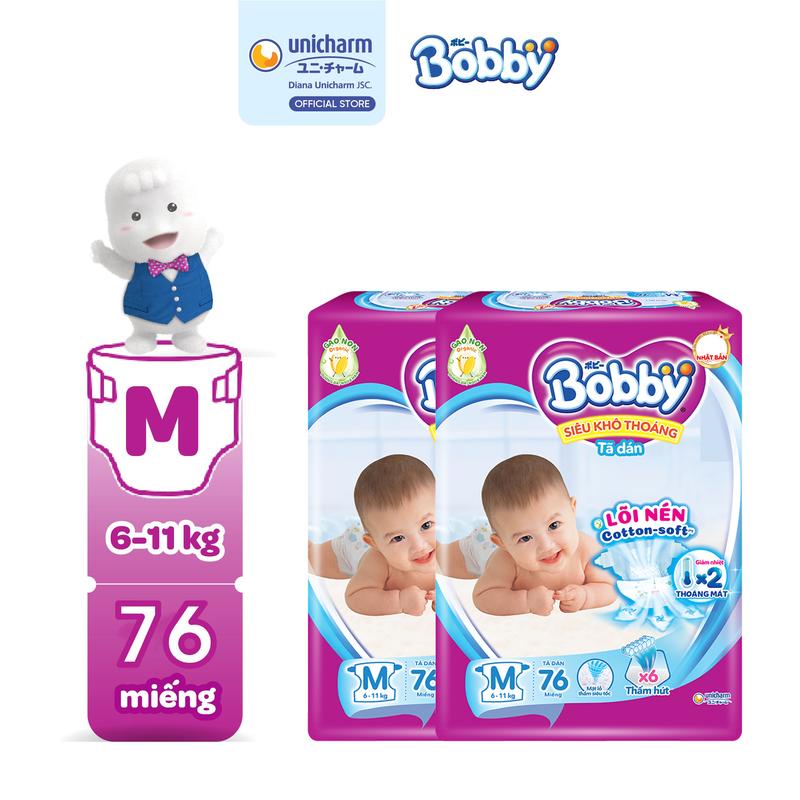 [COMBO 2] Bobby Tã/bỉm dán M76 Siêu khô thoáng Lõi nén cotton-soft Nữ Women