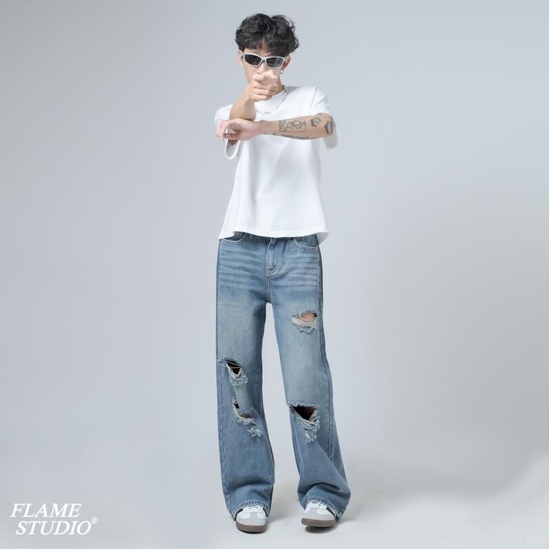 " RIPPED BLUE “ BAGGY DENIM - QUẦN BAGGY NAM MÀU XANH RÁCH Menswear jeans  suong 1