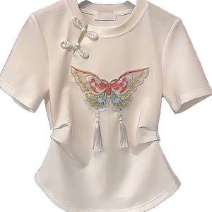 New Chinese Style Butterfly Embroidery Button Retro Chinese Style White Short-sleeved T-shirt mera  tops