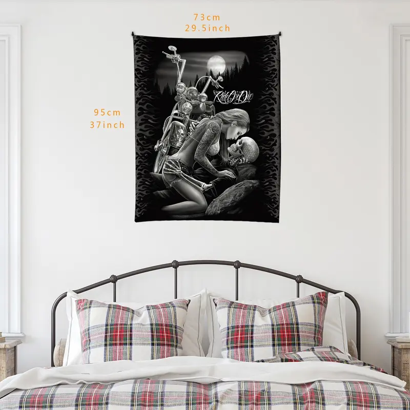 Halloween Motorcycle & Couple Pattern Tapestry, Halloween Decor Gothic Style Wall Hanging, Wall Decor for Home Living Room Bedroom Office Dormitory, Valentine's Day Gift Idea 2