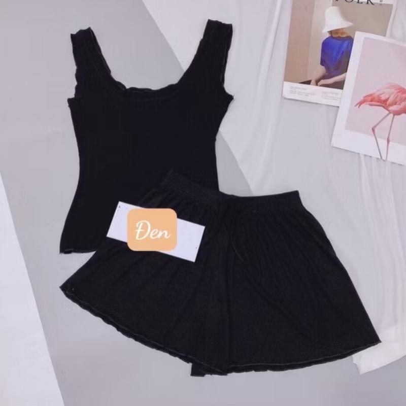  C10 Bộ ngủ áo ba lỗ quần viền bèo thun tăm Sét đồ ngủ sexxy co giãn chất mát lạnh dưới 53kg  Nữ Voi 