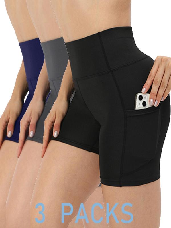 Women's 3pcs Plain Pocket High Waist Sports Short Leggings, Summer Clothes Women, Comfy Stretchy Seamless Skinny Solid Biker Shorts for Yoga Gym Workout, Ladies Sportswear Bottoms for Summer, Tummy Control, Athletic Shorts 0