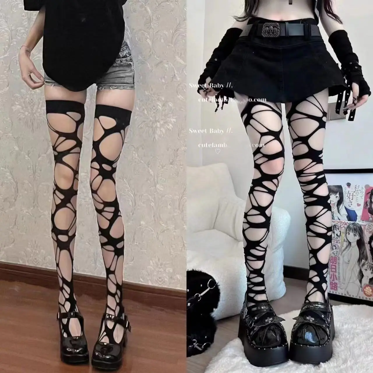 Quần Tất Gothic, Thời Trang Mới Năm 2025, Phong Cách Punk Bất Đối Xứng Thiết Kế Rỗng Thích Hợp Cho Bé Gái, Văn Hóa Châu Á, Cơ Sở Quần Tất Màu Đen, Quần Tất, Y 2000 Xi