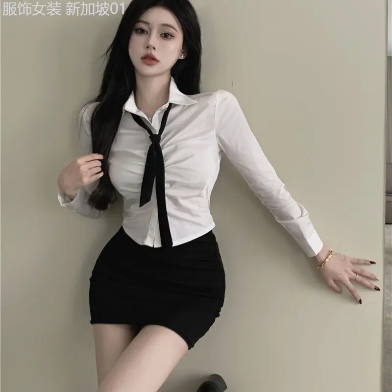 Tree page  Pure Lust Style White Polo Collar Long-sleeved Shirt For Women Autumn Hot Girl Pleated Slim Short Waist Cardigan Top