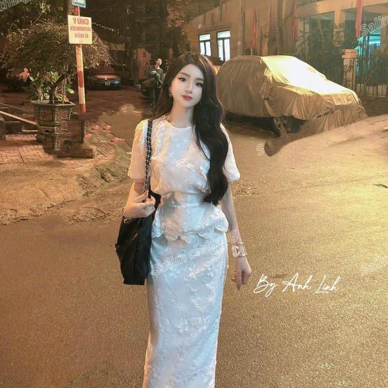 Sét đồ nữ sang chảnh,sét áo chân váy dang bút chì dài xẻ sau MẪU MỚI NHẤT bộ thô thêu hoa nhún eo cao cấp