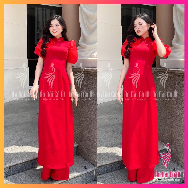 Áo Dài Truyền Thống Nữ Vải Lụa Tây Thi Tay Bồng Phối Tơ Đính Hoa Hàng May Sẵn