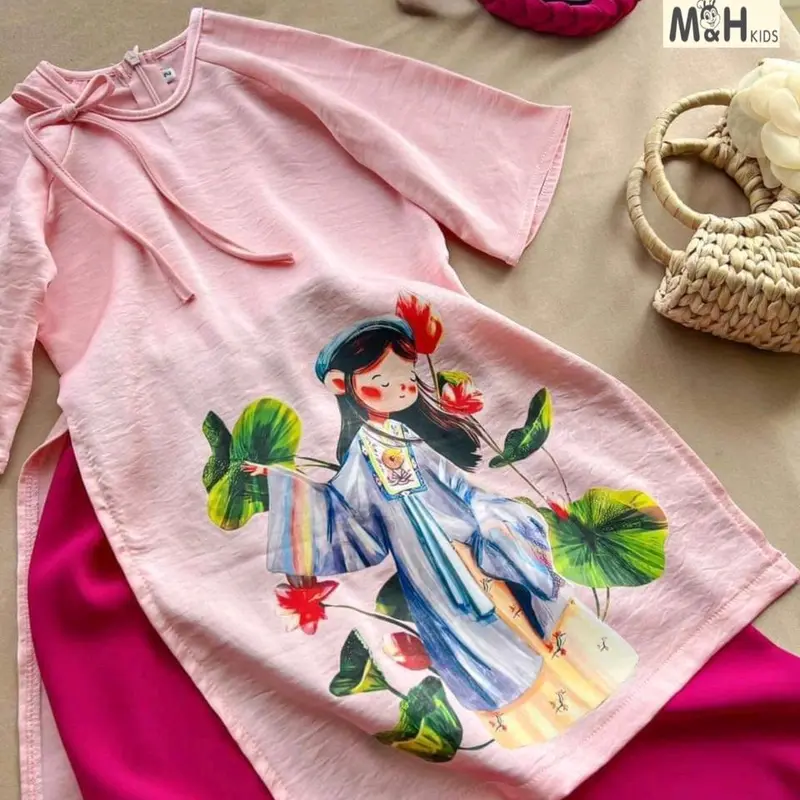 Bộ Áo dài truyền thống cho bé gái cao cấp đũi nhăn và gấm - Thương hiệu uy tín, tặng kèm bờm tóc tone suit tone - Sandal 5