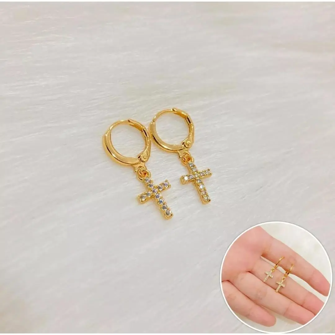 PERHIASAN WANITA ANTING GANTUNG TITANIUM MOTIF SALIB FULL PERMATA CANTIK TERBARU ANTI LUNTUR