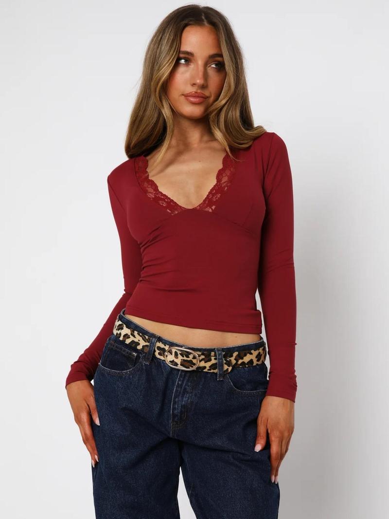 Product Introduction of Women's Plain Contrast Lace V Neck Tee, Casual Elegant Long Sleeve T-shirt for Fall & Winter, Women's Clothing for Daily Wear 10