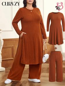 CURVZY Plus Size Two-Piece Set Solid Ribbed Long Sleeve Split Hem Top & Pocket Pants, Casual Round Neck Top & Trousers Set for Daily Wear, Women's Two-piece Outfits, Valentine's Day Outfit