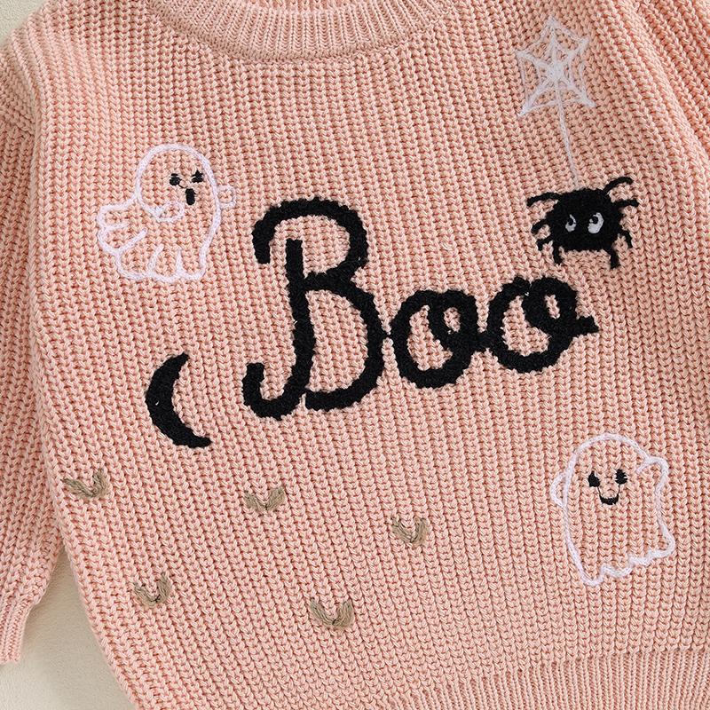 Product Introduction of Baby Girl Sweater, Long Sleeve Crew Neck Letters Ghost Winter Warm Knit Pullover Sweater Halloween Clothes 40