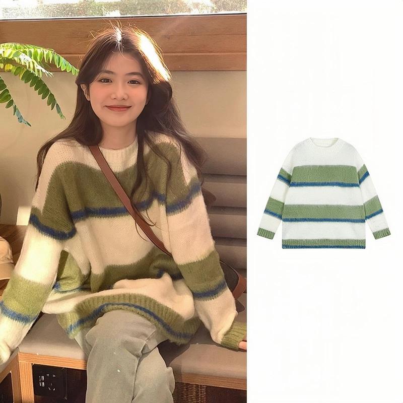 XẢ KHO NGHỈ BÁN Áo len kiểu nữ chất lông thỏ dài tay họa tiết kẻ ngang form rộng Hàn Quốc 3 màu thu đông Kozoda AL176 Top Women