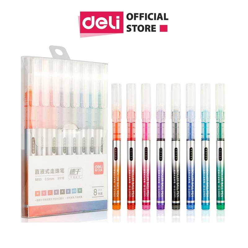  Bộ 8 bút gel nhiều màu Deli ngòi 0.5mm trơn tru lâu hết mực dùng để viết Caligraphy liner đi nét bullet journal S855 