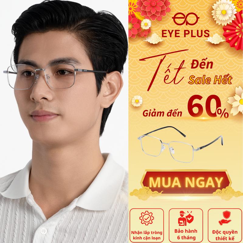 Kính Cận Chống Gãy Dáng Vuông Nam Nữ Eye Plus 5166 Gọng Kính Kim Loại Bạc Viền Sóng, Càng Kính Nhựa Dẻo Siêu Bền, Kính Mắt Kiểu Dáng Thời Trang Unisex Hiện Đại