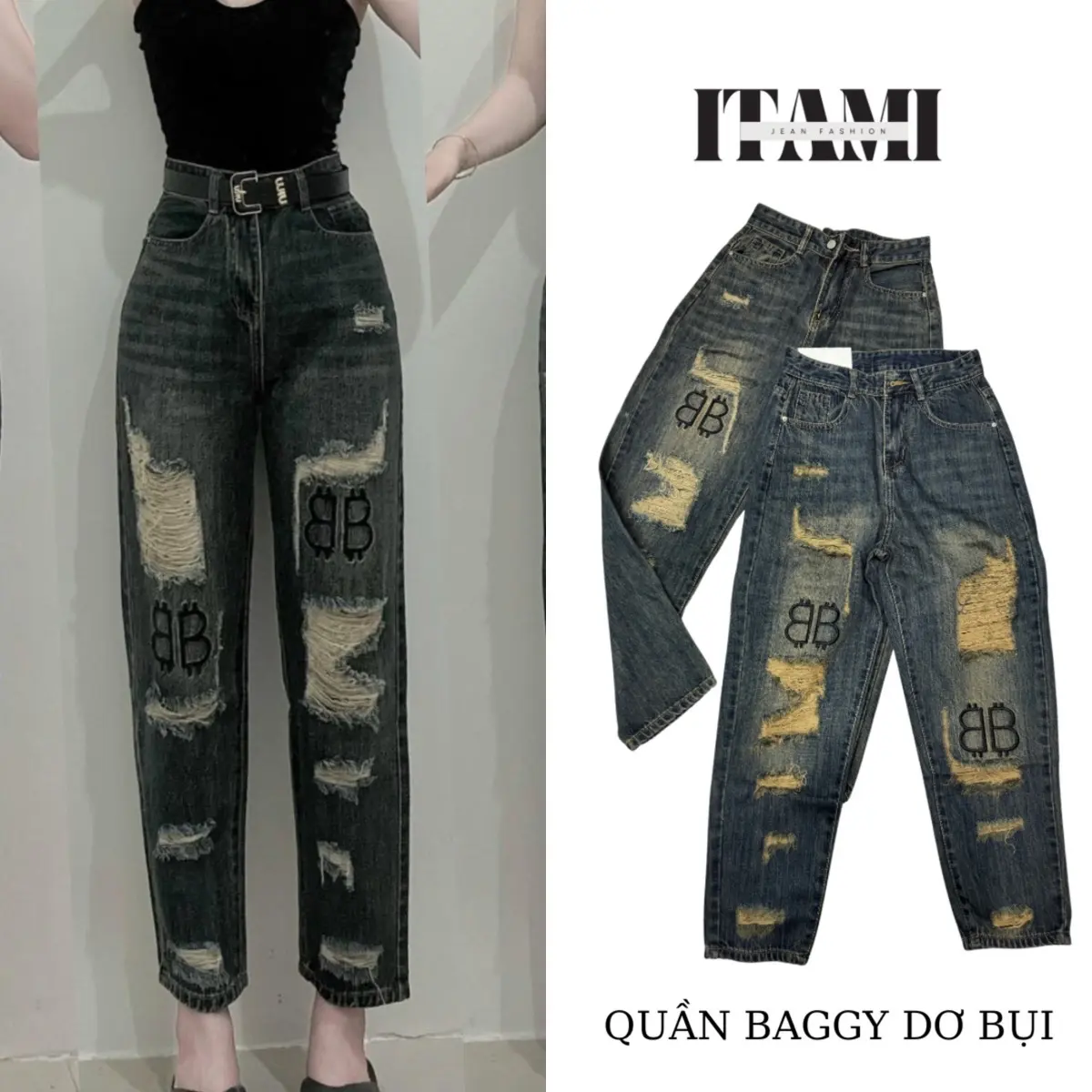 {S-M-L}Quần Baggy hàng QC Lưng siêu cao  chữ Thêu rách kiểu không  co giãn chất mềm dài 95cm mã 773-774