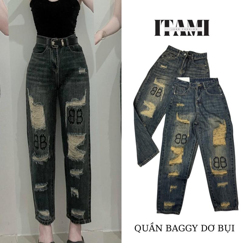 {S-M-L}Quần Baggy hàng QC Lưng siêu cao  chữ Thêu rách kiểu không  co giãn chất mềm dài 95cm mã 773-774