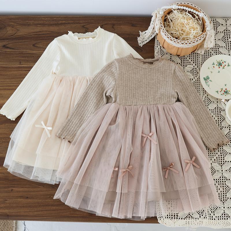  Quần Áo Trẻ Em Phong Cách Mùa Thu INS Thiết Kế Đơn Giản Cổ Điển Thắt Nút Hình Bướm 2 Màu Làm Bằng Lưới Và Bông Váy Dài Tay Thích Hợp Cho Bé 1-6 Tuổi 