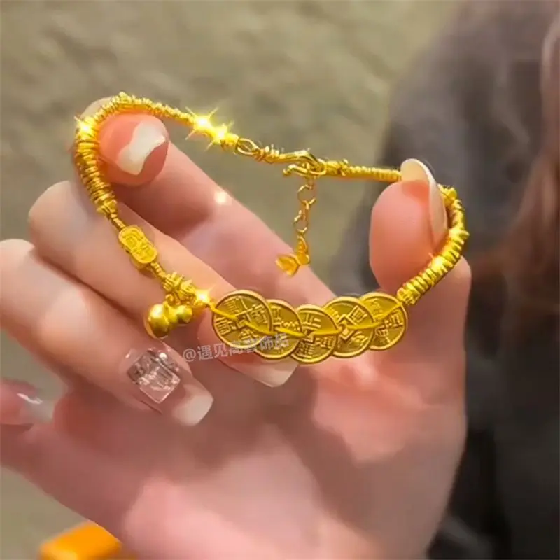 2025 Non-Fading Ancient Gold Color Titanium Steel Five Emperor Coins Coiled Bracelet for Women, Niche Retro Handmade Woven Wrist Jewelry