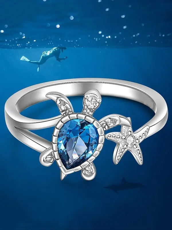 Sea Turtle & Starfish Design Rhinestone Decor Ring, Fashion Accessories for Women for Party, Daily Clothing Decor, Trendy All-match & Exquisite Jewelry for Birthday Gift 4