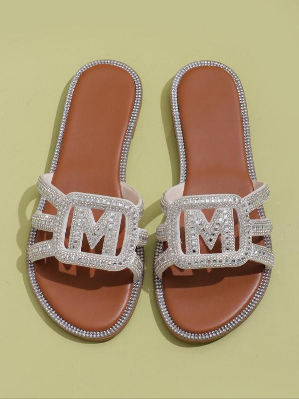 Women's Fashion Rhinestone Decorated Letter Decorated Slip on Flat Sandals, Casual Hollow Out Design Sandals for Summer, All-match Commuter Shoes for Work & Daily Wear 5