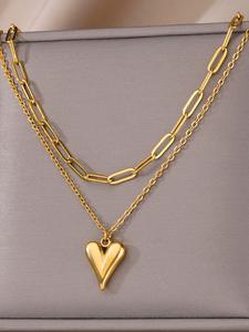 Collar de capas con diseño de corazón liso, joyería de acero inoxidable para mujer, para fiestas y decoración diaria de ropa, sin caja