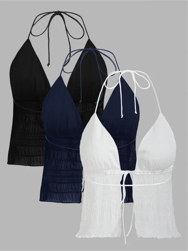Women's Solid Color Tie Front Halter Top, Casual Backless Shirred Tie Back Sleeveless Top for Summer, Ladies Clothes for Beach Holiday Vacation 0