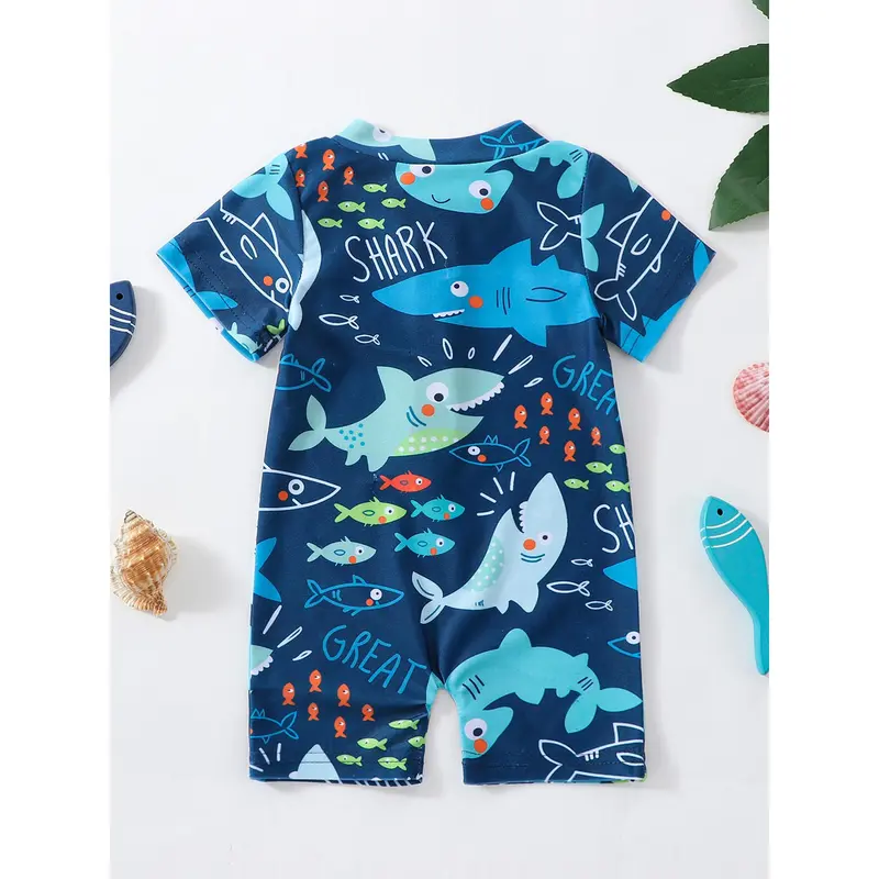 Áo Tắm Mùa Hè, Cho Bé Trai, Phong Cách Thường Ngày In Hình Cá Mập, ngắn Tay, Áo Jumpsuit Quần Có Khóa Kéo, Đồ Bơi, Đồ Đi Biển 2