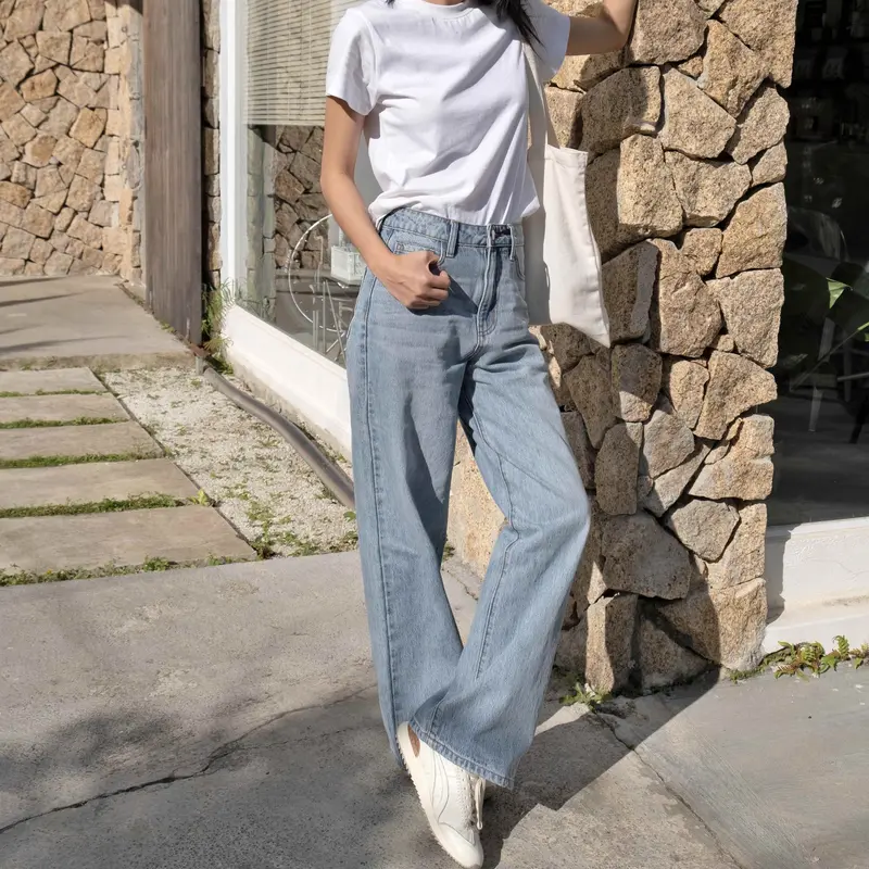 [Hashtagem] Quần Jeans Nữ Ống Rộng Wide Leg Jeans, Lưng Cao, Form Suông Rộng, Màu Xanh Sáng, Chất Cotton Không Co giãn, Wash Hông Thời Trang (WLJ.1) Pants Women Ong 1