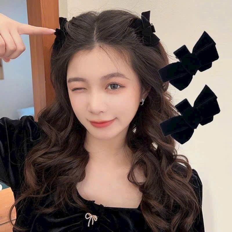  Set 2 kẹp càng cua nhí gắn nơ nhung đen LASSY cặp tóc càng cua cặp mái tiểu thư   MÃ B303   
