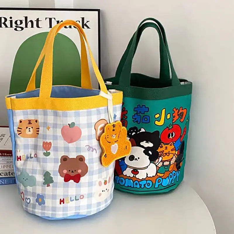 Túi Bucket Graffiti, Cầm Tay, Họa Tiết Động Vật Dễ Thương, Túi Hình Trụ In Hình Ins, Chất Liệu Vải Bố, Túi Đựng Hộp Cơm Bento, Túi Đựng Hộp Cơm Trưa Cầm Tay