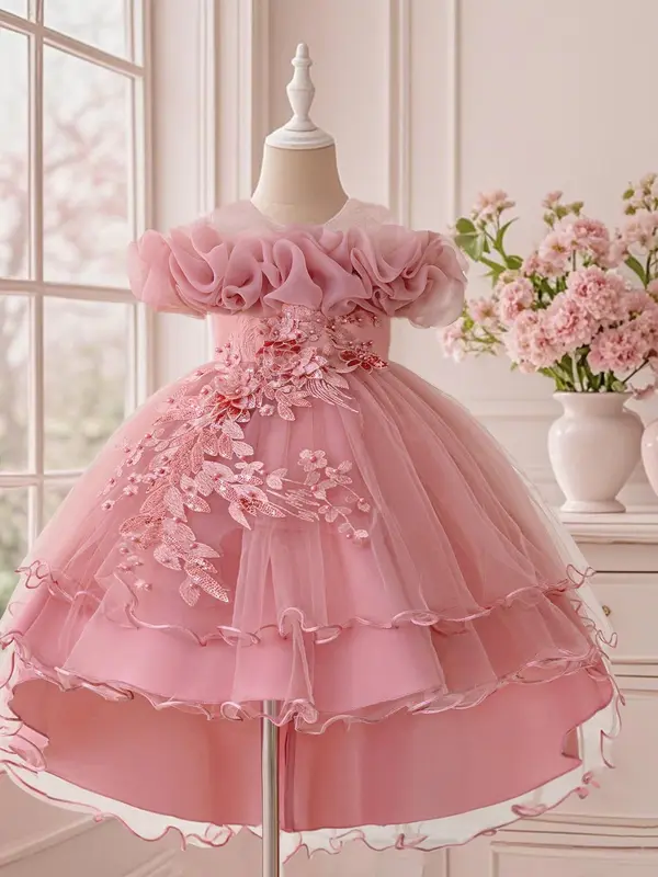 Girl's Sequin Decor Multi-layer Tulle Party Dress, Elegant Flower Design Sleeveless Sweater Dress for Party Performance Wedding Guest, Kids Clothes for Four Seasons, Tutu Princess Dress 7