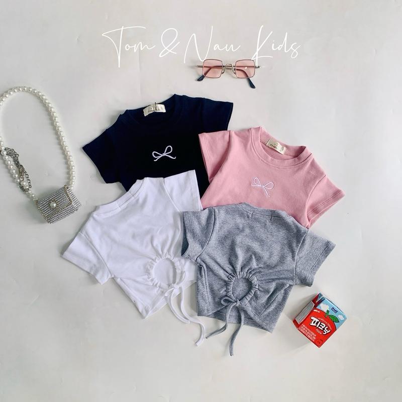 A24M FORM ÔM ƯNG RỘNG TĂNG SIZE - Tom&Nau Kids Áo thun cộc tay Croptop thêu nơ rút dây cho bé gái thun bozip cotton size từ 9-35Kg