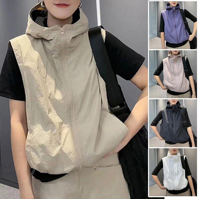 Women Hooded Vest Sleeveless Zipper Waistcoat Drawstring Thin Coat with Pockets 0