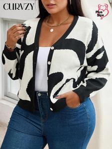 CURVZY Plus Size Zebra Stripe Print Button Front  Halloween Cardigan, Casual Drop Shoulder Long Sleeve V Neck Cardigan, Women's Knitwear for Fall & Winter