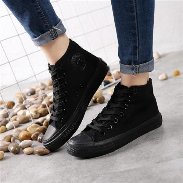 Giày Vải, Cổ Cao, Màu Đen Trơn Tất Cả, Dành Cho Nam Và Nữ, Giày Học Sinh Nữ Giày Trượt Băng Giày Đế Bằng Thường Ngày Giày Đi Làm, Giày Thể Thao 4