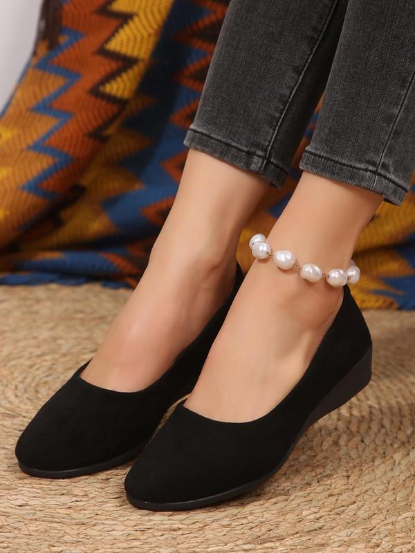 Women's Solid Color Round Toe Wedge Shoes, Fashionable Slip on Wedge Shoes for Daily Wear, Lightweight Breathable Comfortable Shoes for Women & Girls 0